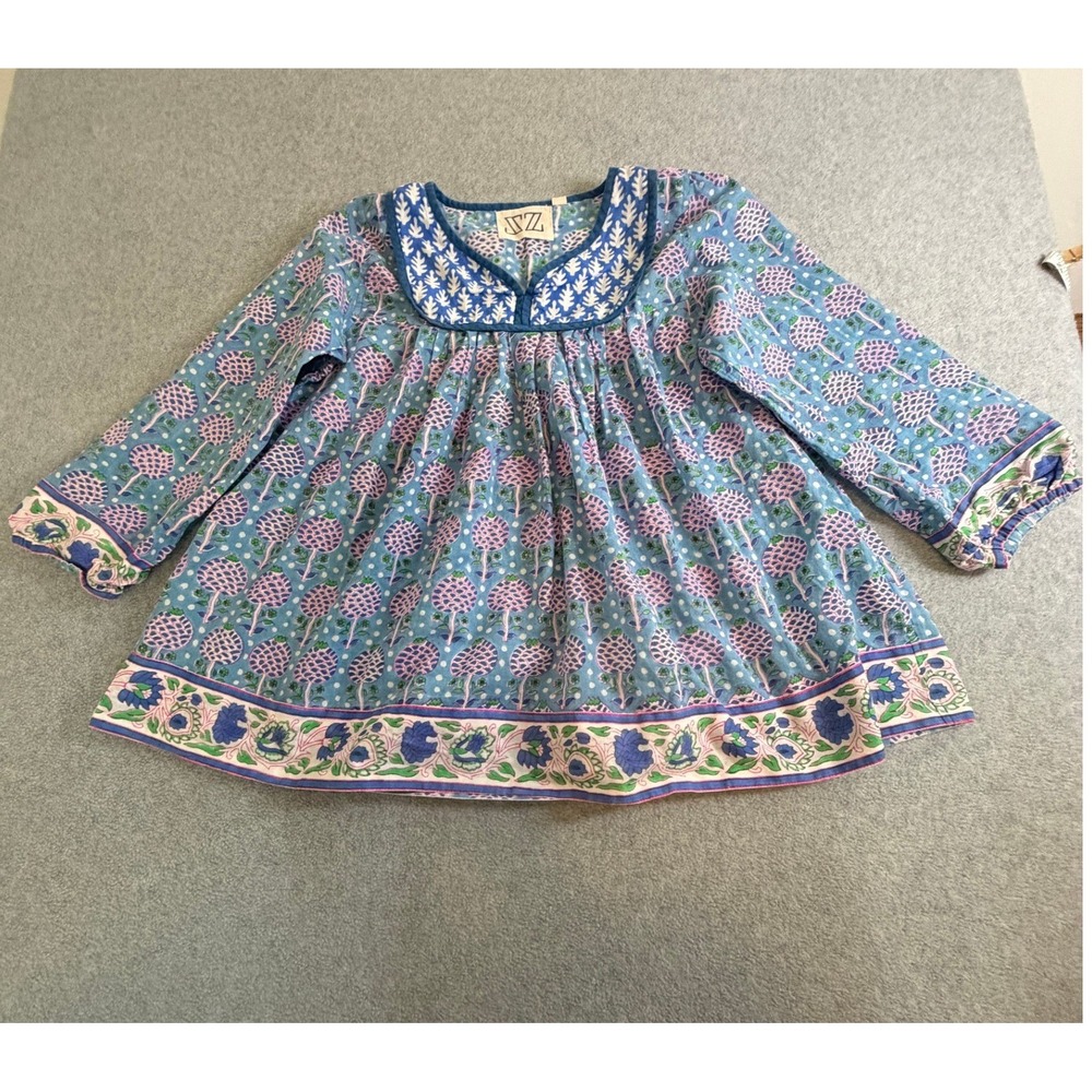 SZ Blockprints Girls Large Blue Pink Floral Block Print Babydoll Blouse Top L